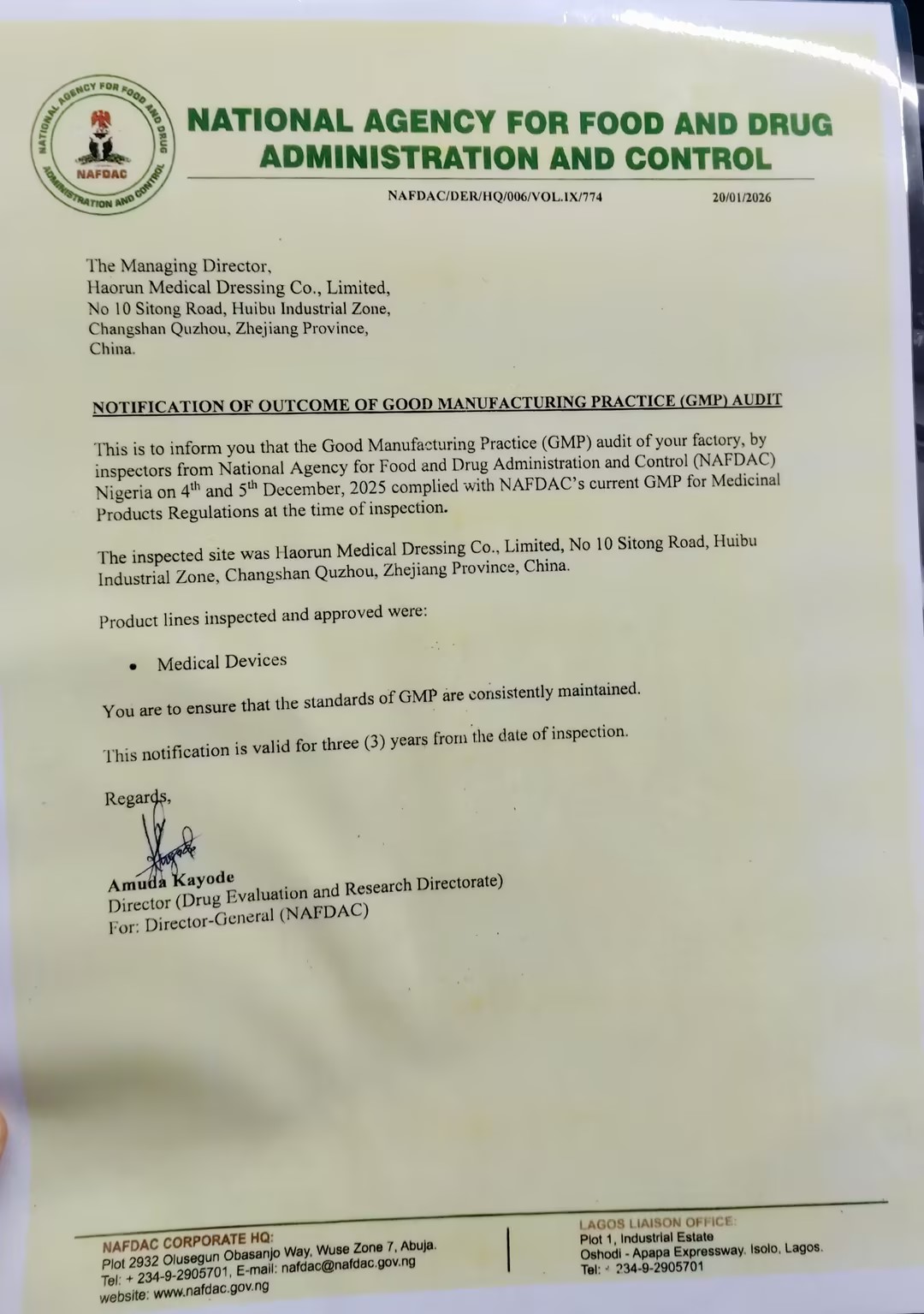 Produk Perubatan Haorun Secara Rasmi Menerima Pensijilan Pendaftaran NAFDAC di Nigeria